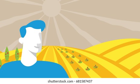 Men silhouette at the farming fields. Abstract Vector. Agrotourism. Agribusiness. Rural landscape. Design elements for info graphic, websites and print media. Vector illustrations