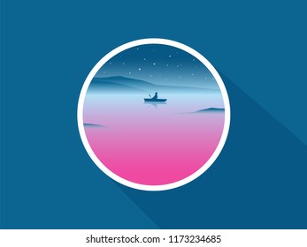 Men silhouette fishing on tranquil pink lake. Mood illustration. Vector flat illustration.