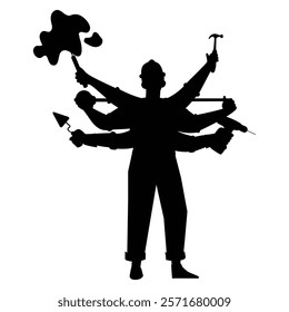 Men Silhouette with Many Hands Holding Different Objects