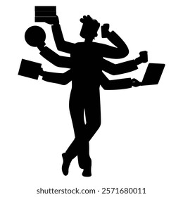 Men Silhouette with Many Hands Holding Different Objects