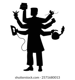Men Silhouette with Many Hands Holding Different Objects