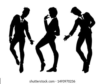 Men silhouettes in classic suits dancing, set of people, isolated on white