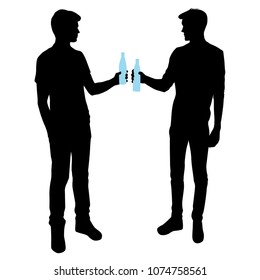 Men silhouettes with drink bottle in hand standing, vector, group of people, couple,  black color isolated on white background