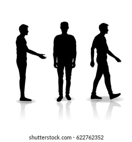 Men silhouettes isolated on white background. Standing man, walking man and handshake man.