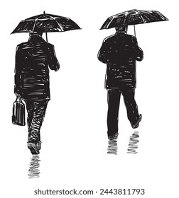 Men, silhouettes, umbrella,citizens, casual, pedestrians,raining, walking,urban street,real people,city dwellers,sketch, black and white vector hand drawn illustration isolated on white