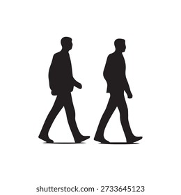 Men silhouettes, walking side view, pedestrians, business people, casual, formal, isolated, white background