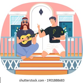 Los hombres cantan juntos a las puertas de su casa. Cartas macho tocando ilustración vectorial de guitarra. El carácter crea música. El músico toca hilos en el instrumento. Las personas se comunican y pasan tiempo al aire libre