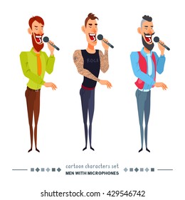 The men singing, acting, telling the speech. Vector flat cartoon illustration isolated on white background. Hipsters men stand with microphone in hand. Man with tattoos, musician, manager, worker.