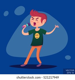 The men singing, acting, telling the speech. Vector flat cartoon illustration isolated on white background. Hipster young man stand with microphone in hand.