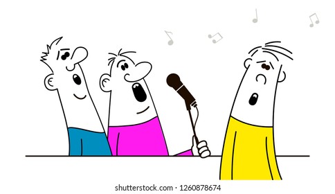 Men singing karaoke, holding microphones, cartoon vector illustration isolated on white background, competition, party, celebration.