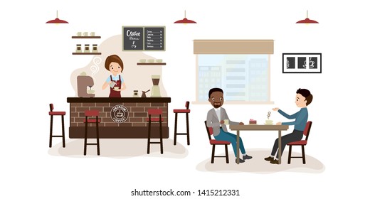 Men sit in a cafe and talk and female barista or staff. Restaurant or coffee shop interior with furniture,coffee break,cartoon people characters,flat vector illustration

