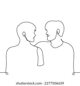 men sit face to face   smile  one hugs the other    one line drawing vector  friends  lovers concept