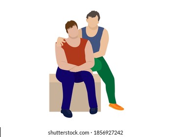 Men sit next to each other on a white background.