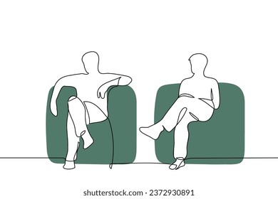 men sit next to each other in soft chairs and watch something together - one line art vector. concept guests sitting, watching a movie or show together, being together without talking