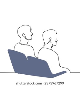 men sit next to each other on seats - one line art vector. concept male audience in cinema, theater