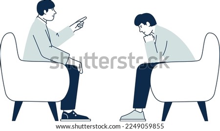 Men sit on armchairs and talking. People emotionally discussing