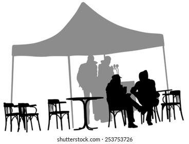 Men sit on chairs at table on a white background