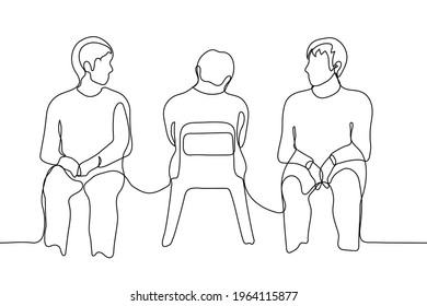 men sit one of them an outsider who is ignored by the rest - one line drawing vector. concept of toxic group, bullying, boycott, cancellation, ignoring. two men communicate, third sits with his back