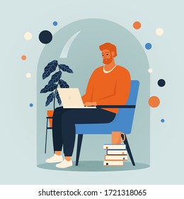 Men siting in a chair and working online at home illustration. Social distancing and self-isolation during corona virus quarantine.