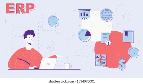 Men sits and uses his laptop for ERP. Icons of basic ERP system modules on a background. Flat vector illustration