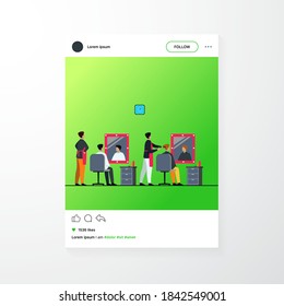 Men sitting in barbershop isolated flat vector illustration. Cartoon hairdressers doing haircut for male clients in chair. Hairdressing salon and beauty parlor concept