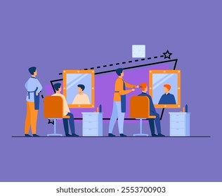 Men sitting in barbershop isolated flat vector illustration. Cartoon hairdressers doing haircut for male clients in chair. Hairdressing salon and beauty parlor concept