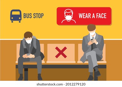 Men sitting with bus stop and mask signage on wall. Vector illustration.