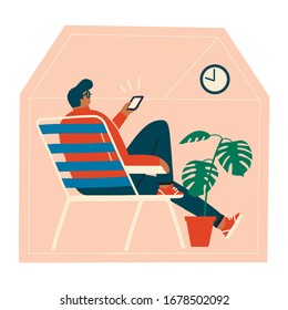 Men sitting in the chair at home, browsing internet by phone, staying connected with people on line in social distancing time during virus epidemic illustration in vector. 