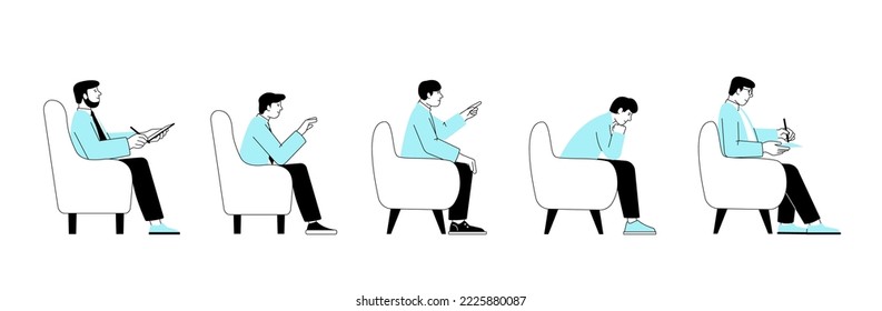 Men sitting in chairs various half face poses. Businessman point on something, writing, thinking. Isolated flat investor vector stylish characters