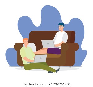 hombres sentados en el sofá y el suelo con computadoras portátiles diseño de ilustración vectorial