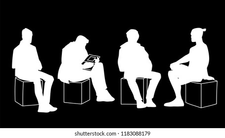 Men sitting in different poses. Stencil. Vector illustration of white silhouettes of various men sitting on boxes isolated on black background. Monochrome minimalism. Concept.