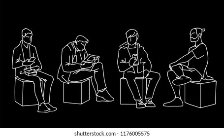 Men sitting in different poses. White lines on black background. Concept. Vector illustration of various men sitting on cubes in line art style. Monochromatic hand drawn sketch.