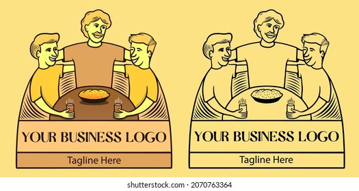 Men sitting drinking coffee and cake. Illustration suitable for business logos and packaging
