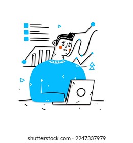 Hombres sentados frente al portátil. Gráficos, gráfico de datos. Trabajo bien hecho y exitoso. Tarea completada. Feliz trabajador independiente o mujer de oficina trabajando a distancia usa una laptop. 