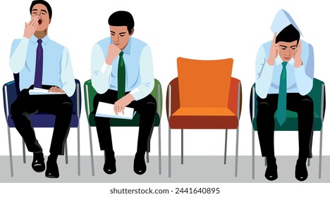  men are sitting  line for  job interview Job seekers express different emotions  yawns from boredom another  lost in thought third covers his ears with hands in the middle of an empty chair Vector