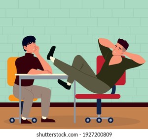 men sitting office resting and procrastination