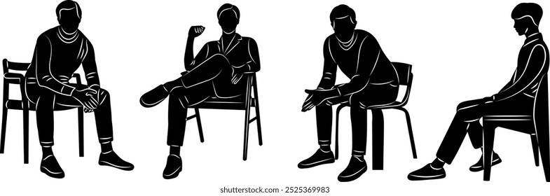 men sitting on chairs silhouette on white background, vector