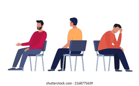 Men are sitting on chairs. Men sit in different poses on chairs turned from different sides. Vector set