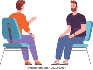 Men sitting on chairs and talking. Therapy icon. Mental health treatment isolated on white background