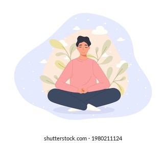 Men sitting on floor and meditating in lotus pose. Yoga meditation practice concept in cartoon style. Vector illustration healthy lifestyle