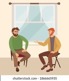 Men are sitting on large brown stools. The psychologist is asking questions. Men are communicating with each other. Man is helping male character solve gaps. Psychotherapy session vector illustration