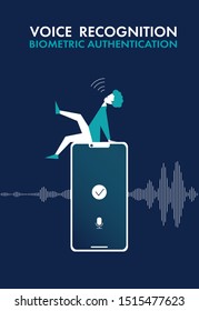 Men sitting on phone recognizing voice. Concept of biometric authentication. Flat vector illustration