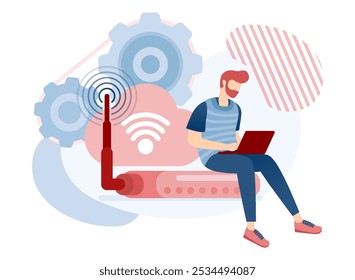 Men Sitting on Router Hub and Connected to Wifi Internet Network. Internet of Things to Get Information and Data