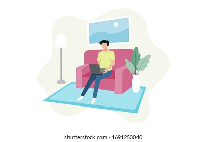 Men sitting on sofa with laptop at the living room. Illustration related to working from home