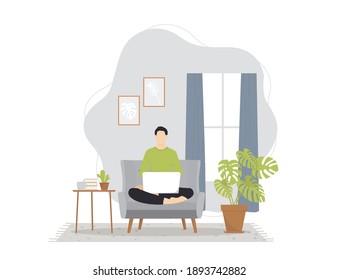 Men sitting on the sofa in the living room with a laptop. Working or studying concept. Vector illustration