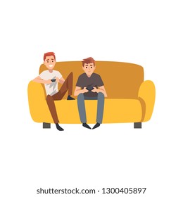 Men Sitting on Sofa And Playing Computer Games, Best Friends Spending Time Together at Home, Male Friendship Vector Illustration