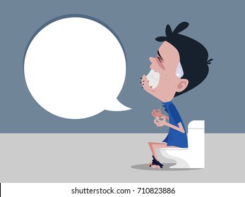 Men Sitting On The Toilet And Constipation Are Experiencing Severe Abdominal Pain. Vector Cartoon