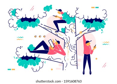 Men sitting on tree using modern device. Abstract concept young people character users with technology of smartphone and tablet, urban media and social communication. Vector illustration.