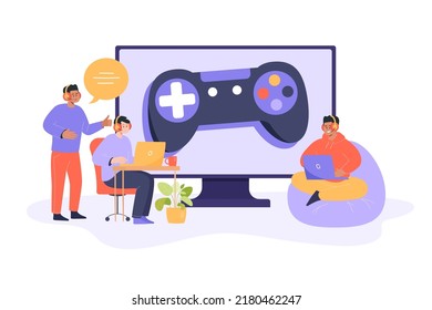 Men sitting and playing video game flat vector illustration. Professional gamers looking at laptop screen, training in esports. Huge monitor with joypad. Computer gaming industry, cybersport concept