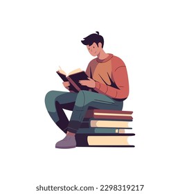 Men sitting reading studying wisdom in library over white